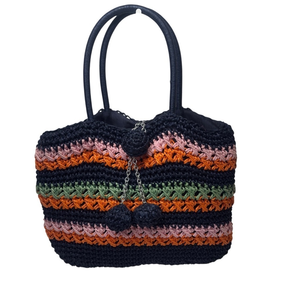 Handcrafted Multicolor Crochet Tote Bag Pom Pom Chain Bohemian Summer Navy Pink